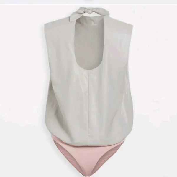 Amanda Uprichard Cream Sleeveless Draped Bodysuit Faux Leather NWOT - Image 4