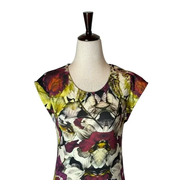 Ted‎ Baker Jersey Knit Abstract Floral Dress Women Small Crew Neck Sheath Artsy - Image 3