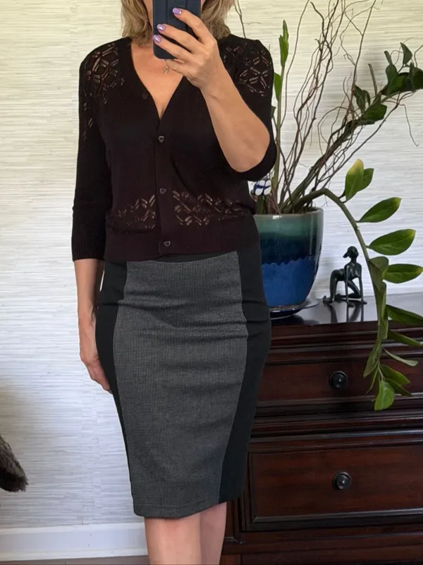 Black Lace Openwork Knit Cardigan 3/4 Sleeve Button Front Fitted Sweater - Image 6