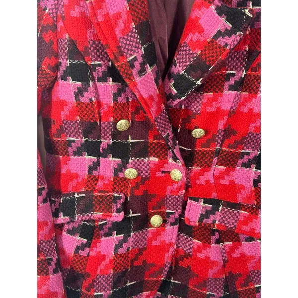 Anthropologie Exploded Plaid Tweed Blazer Medium Red Pink Gold Button Jacket - Image 9