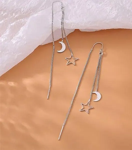 Silver Moon Star Threader Long Tassel Earring Chain, Drop Dangle Woman Earrings - Image 5