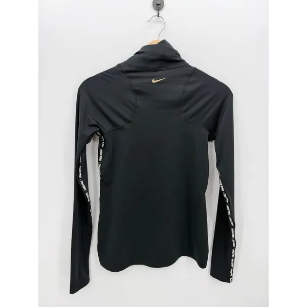 Nike Pro Dri-FIT Women Black Funnel Neck Long Sleeve Training Top S Gold Swoosh - Image 2