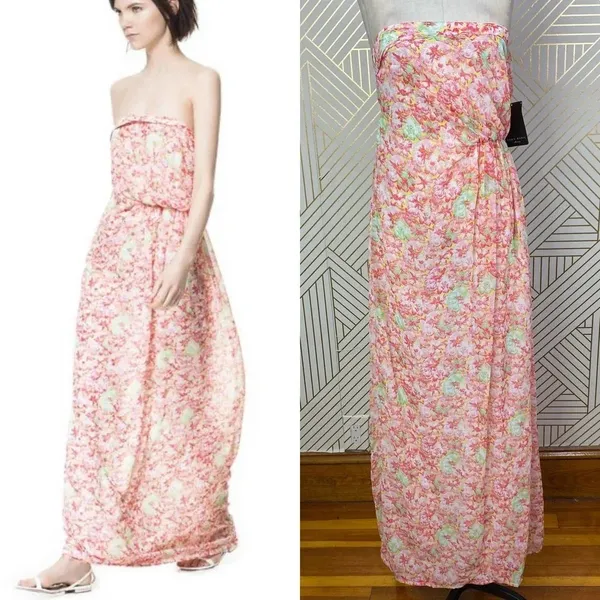 Zara‎ Basic Floral Strapless Maxi Dress in Pink Boho Draped Size US XS - Image 2