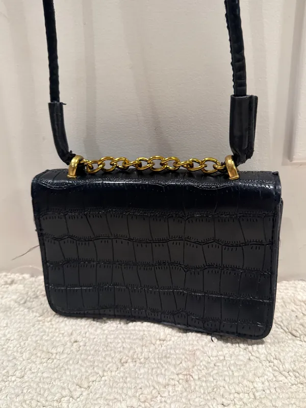 Black Croc Embossed Mini Crossbody Bag Gold Chain - Image 2
