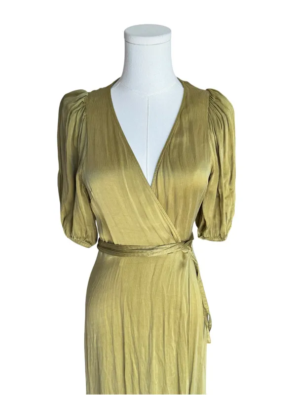 & Other Stories - Satin Wrap Midi Maxi Dress Olive Green Puff Sleeve Sz US 4 - Image 4