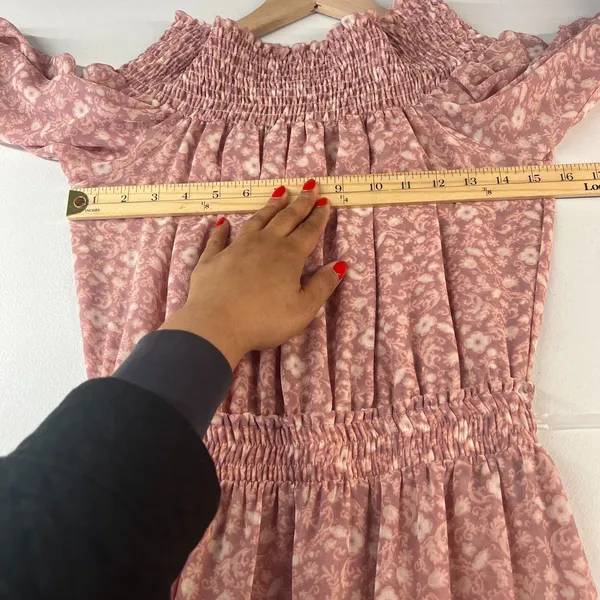 Misa Los Angeles Tiered A Line Mini Dress Womens Small Dusty Rose Floral Smocked - Image 12