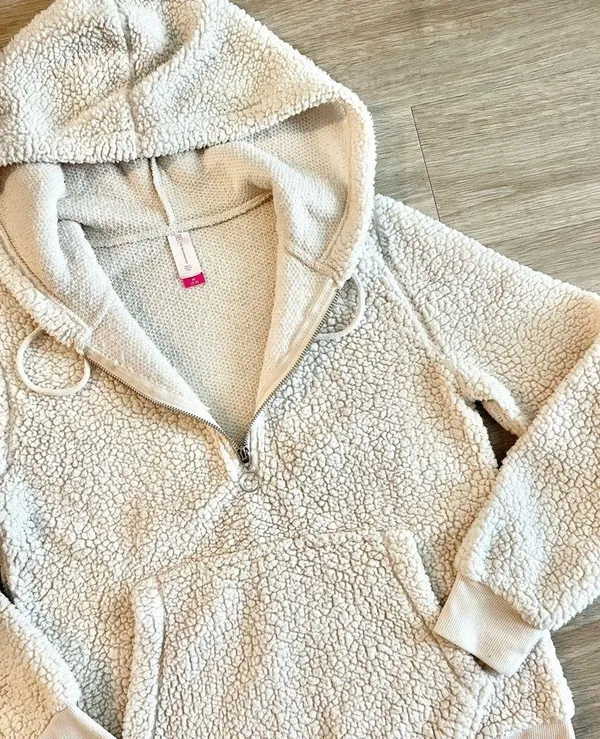 No Boundaries Cream Hooded Quarter Zip Fuzzy Sherpa Sweater Hoodie Size Medium - Image 5