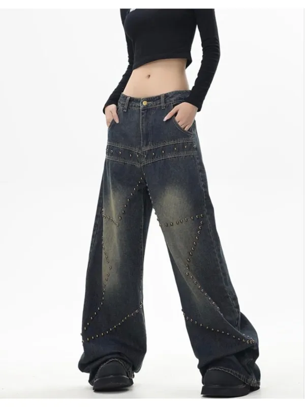 NEW Street Fashion Loose Jeans Y2k Rivet Star Gothic Loose Denim XS - Image 9