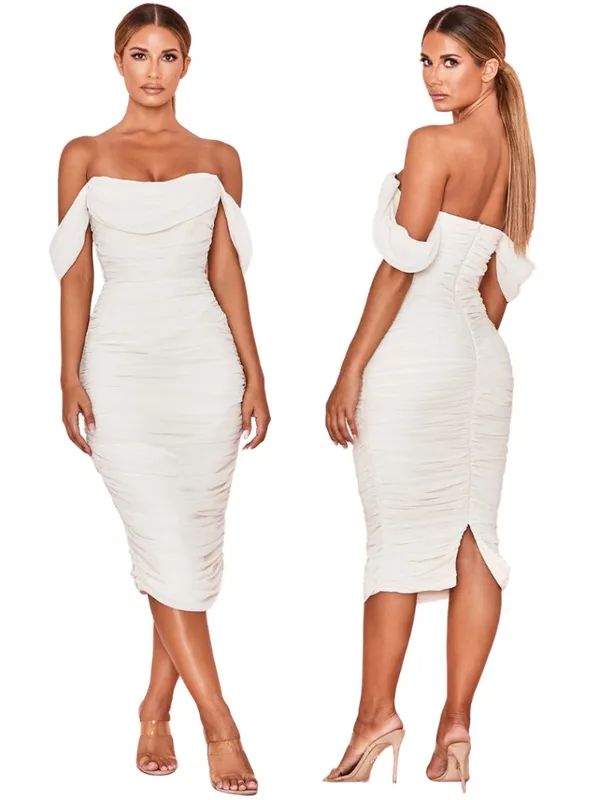 House of CB Carlotta Ruched Draped Chiffon Dress Womens XS Ivory Formal Cocktail - Image 2