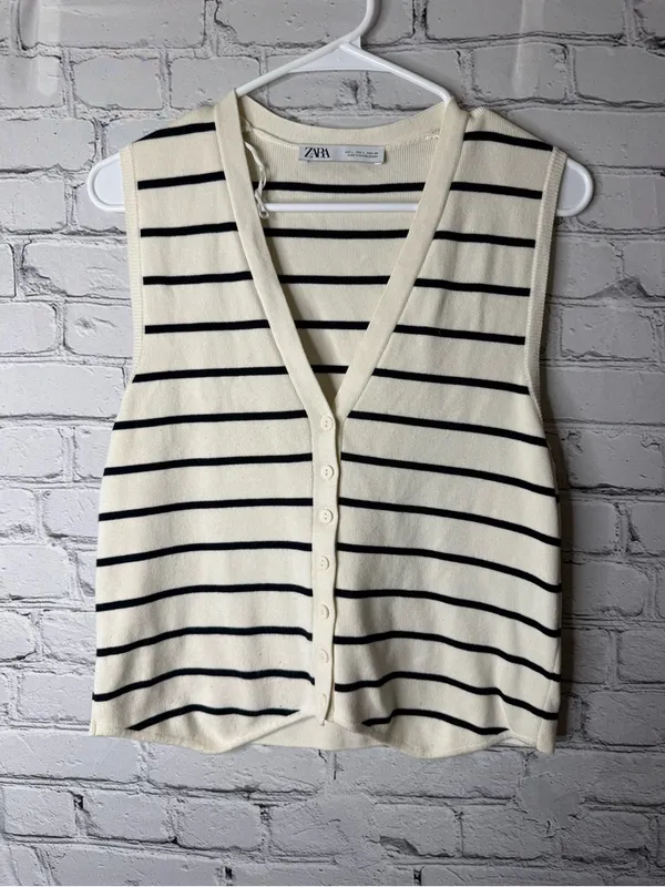 ZARA Cream & Black Striped Knit Button Front Vest size large - Image 3
