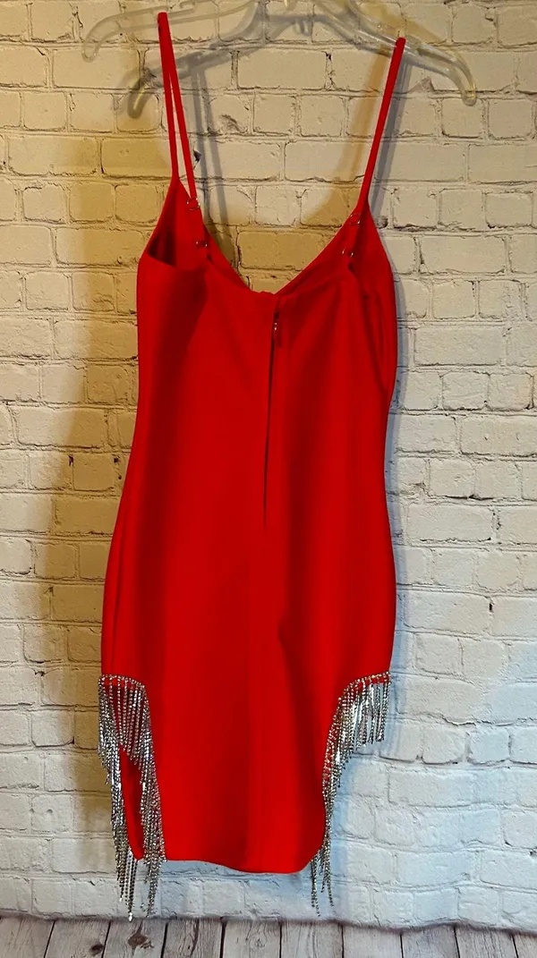 Red Bandage Dress With Rhinestone Fringe - Image 4