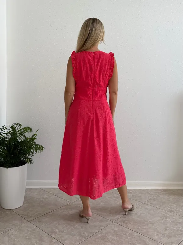NWT Maggy London Coral Eyelet Midi Dress Size 6 Ruffle V-Neck - Image 3