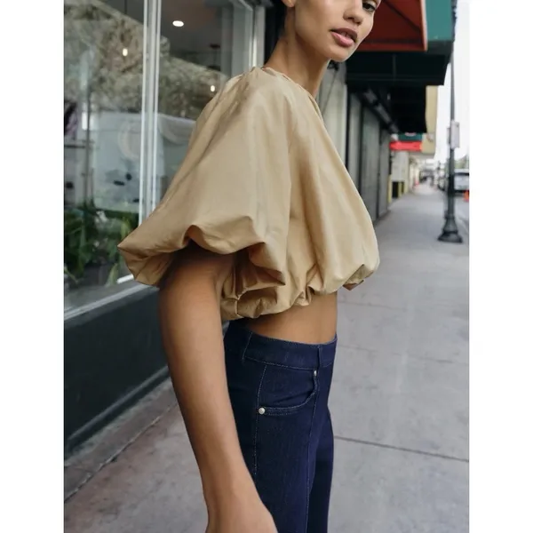 Zara Poplin Balloon Crop Top Beige Modern Romantic Peasant Runway Tik Tok - Image 8