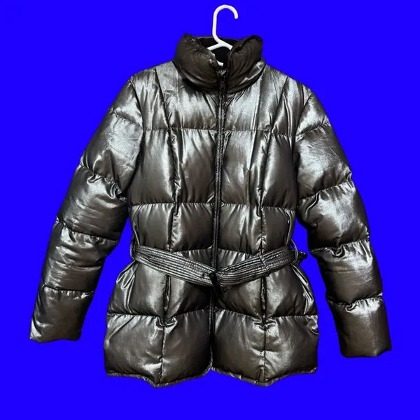 Lauren Ralph Lauren Womens M Gray Silver Belted Down Puffer Jacket Shiny - Image 2