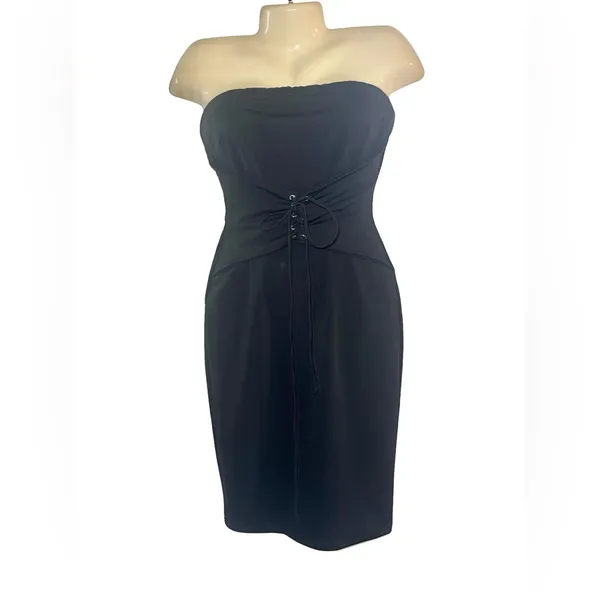 Forever 21 Strapless Black Lace-Up Waist Midi Dress - Image 2