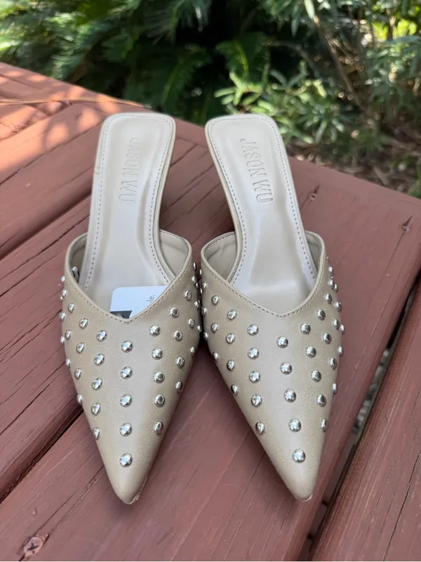 NWT Jason Wu Taupe Studded Pointed Toe Mule Heels Size 8 - Image 2