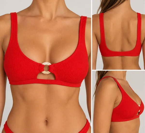 Topshop Red Ring Detail Bikini Top US 4 Y2K Scoop Neck Swim - Image 2