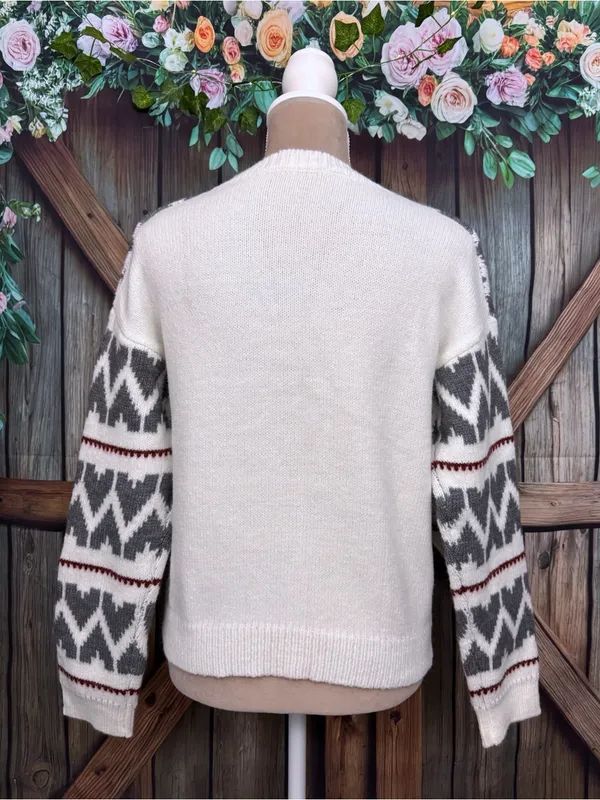 LA MEIL Knit Sweater Women’s Size Small Fair Isle Boho Pullover Cream Gray New - Image 4