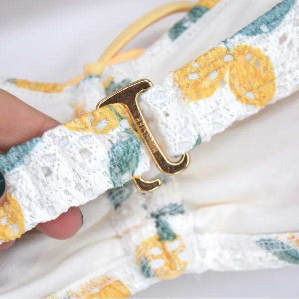 NEW Hollister Swim Crochet Bandeau Bikini Top Lemon Print White Yellow L - Image 7
