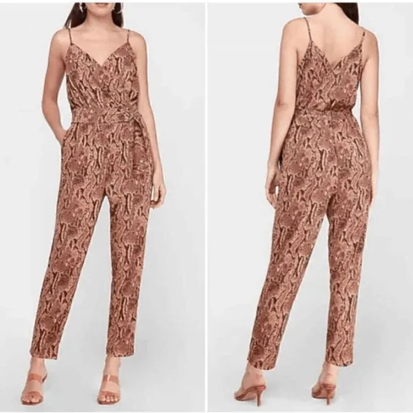 Express Brown Tan Snakeskin Print Belted Wrap Stretchy Jumpsuit Large‎ - Image 11
