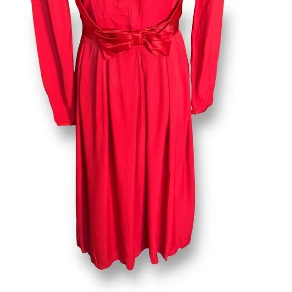 Vintage Nina Piccalino Cherry Red Dress Satin‎ Bow Detail Scoopneck Long Sleeve - Image 3