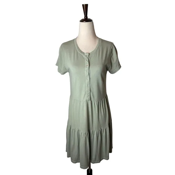 Monrow Tiered Henley Dress Women Small Sage Green Supima‎ Cotton Modal Mini USA - Image 2