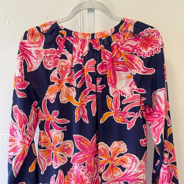 Lilly Pulitzer‎ Silk Floral Orchid Print Blouse Navy Pink Long Sleeve Small Boho - Image 5