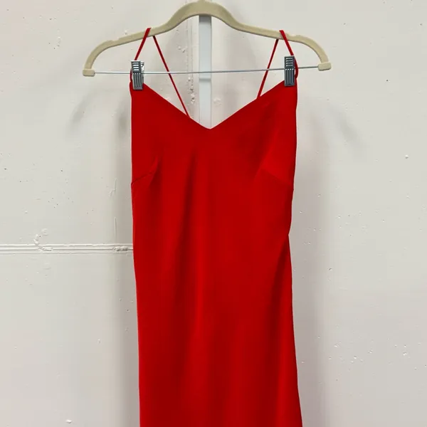 NWT Fabletics Satin Slip Midi Halter Dress Lace Up Back Red‎ Medium - Image 4