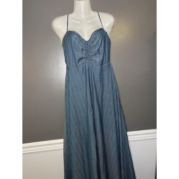 Wayf Dress Womens Medium Blue Striped Sweetheart Smocked Maxi Sundress Boho - Image 2