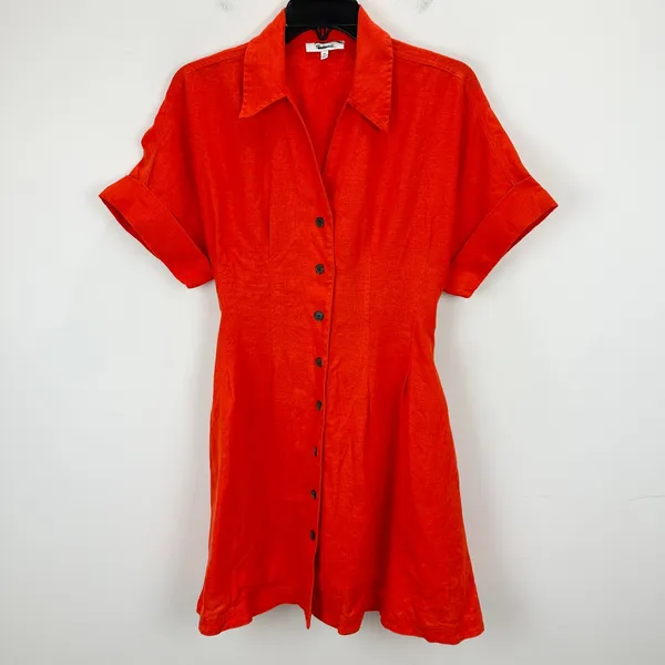 NEW Madewell The Perry Mini Shirtdress 100% Linen Bright Flame Red Minimalist XS - Image 6