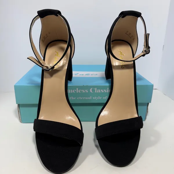 Ankis Women Black Faux Suede Block Heel Ankle Strap Sandals Size 7.5 Open Toe‎ - Image 7