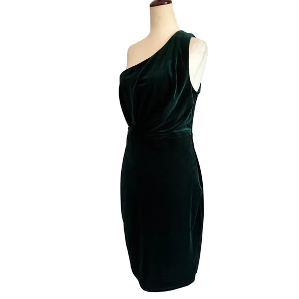 Lulus Emerald Green Velvet One Shoulder Mini Dress Pleated Bodice‎ D1582 Medium - Image 13