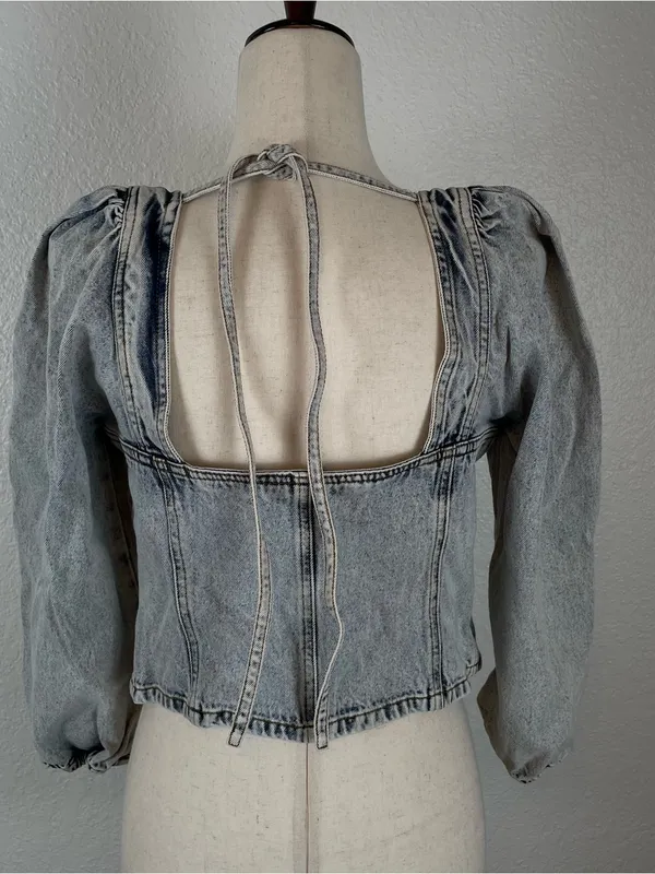 VENUS‎ *Y2K Denim Corset Bustier Crop Top Women’s XL Zip Puff Sleeve Acid Wash - Image 5