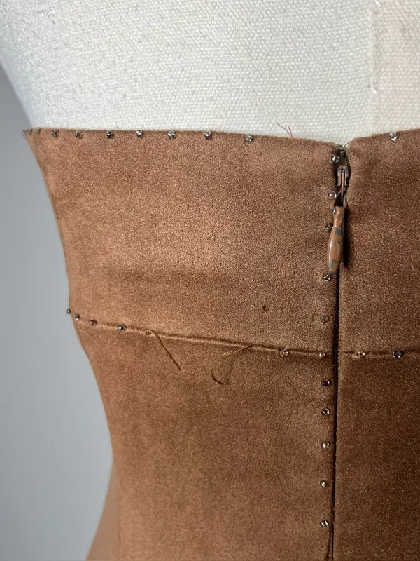Vintage BCBG Brown Faux Suede Beaded Paneled Strapless Maxi Dress - Image 5