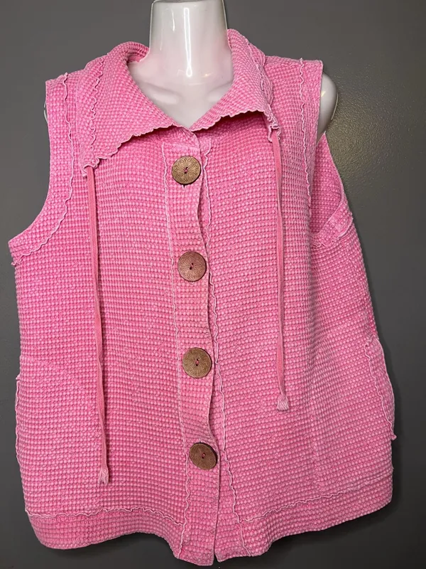 Focus Vest Womens Large Pink Cotton Knit Button Front Pockets Ruffle Collared - Image 2