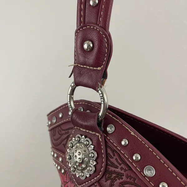 Y2K Red Burgundy Faux Tooled Leather Western Studded Shoulder Bag - Image 6