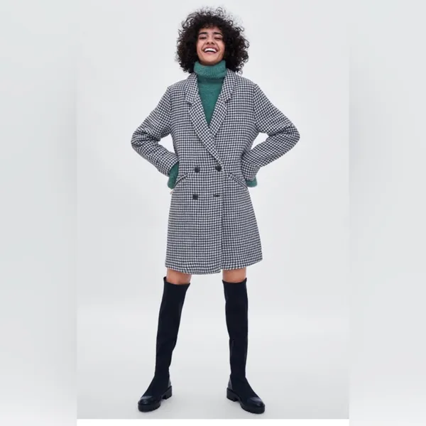ZARA Women's Black and White wool Houndstooth‎ Coat cuffed sleeves size medium - Image 2