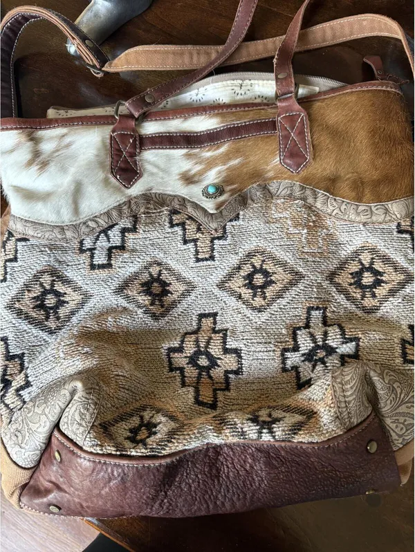 Myra Bag Large Woven Tote Bag with Leather Trim and Turquoise Concho - Image 2