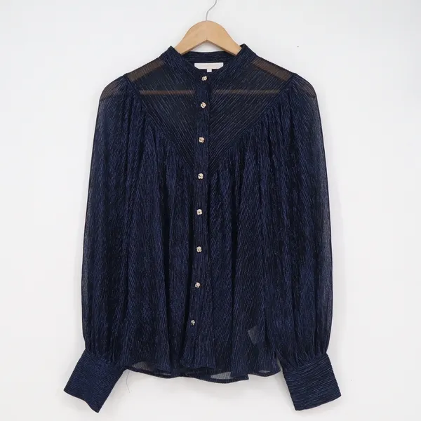 Olivaceous Navy Blue Metallic Pleated Mock Neck Blouse Rose Buttons S - Image 2
