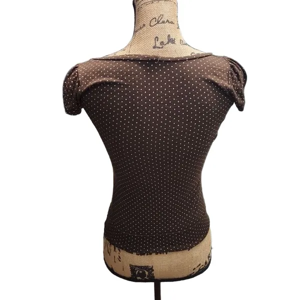 Womens T-shirt Size Small Brown White Polka Dots Casual Chic Short‎ Sleeve - Image 5