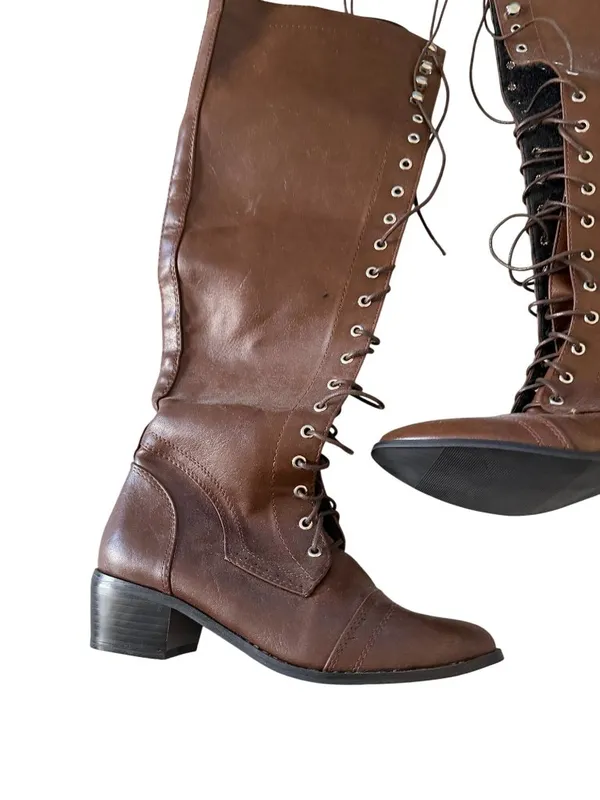 BROWN Laceup Librarian Boots Booties Size 37 / 7 - Image 6