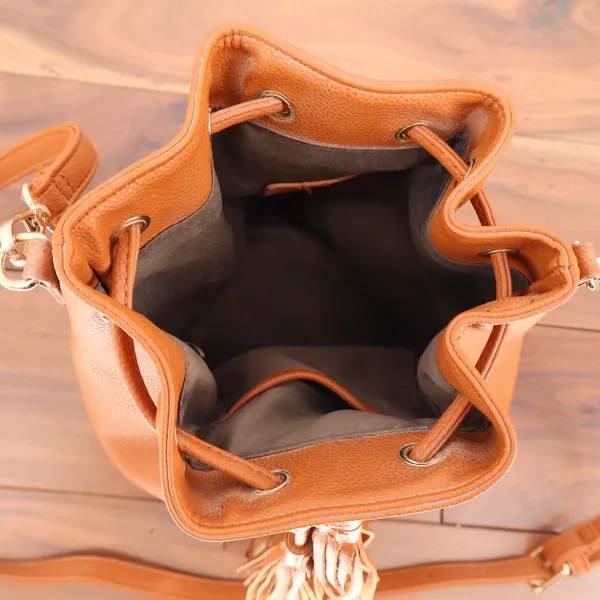 Cognac Brown Faux Leather Drawstring Bucket Bag Tassel Crossbody Zipper Bottom - Image 2