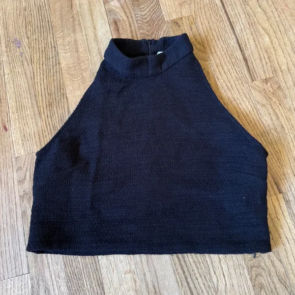 Zara Black Textured Tweed High Neck Crop Top Halter‎ Side Zip Size M - Image 3