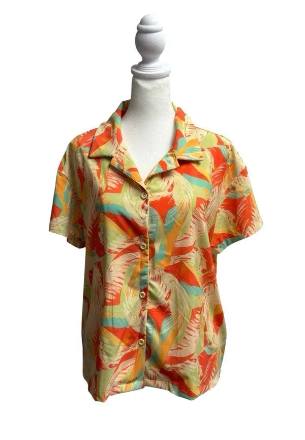 Skatie Marley Short Sleeve Button Up Top Shirt Blouse Colorful Palm Medium M - Image 5