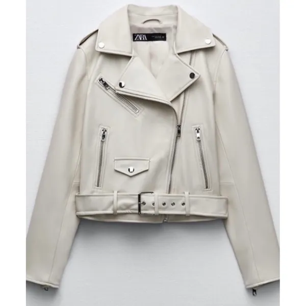 Zara Basic Womens Faux‎ Suede Biker Moto Jacket Sand Beige Belted XS - Image 2