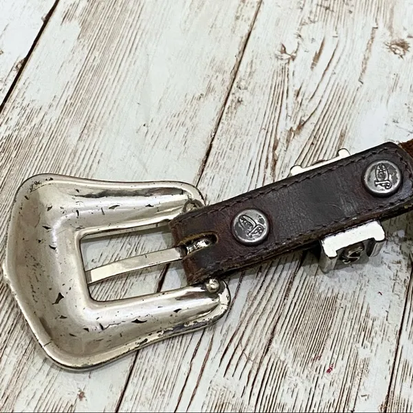 Justin Boots Brown Leather Silver tone Flower Conch Western Belt Size 35 - Image 10