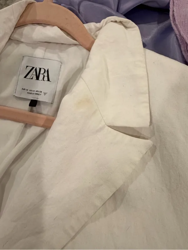 Zara linen Cropped Women's Blazer Jacket in Ivory - Image 3