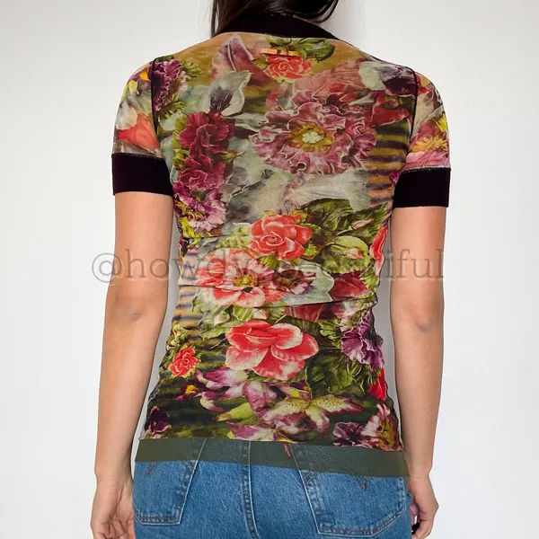 Vintage 2000's Jean Paul Gaultier Soleil Striped Floral Mesh Top Size medium - Image 7