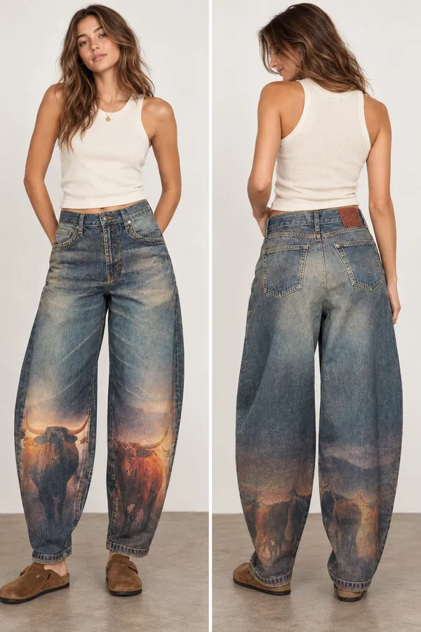 VBRT [XPT894] Long Horn Digital Horse Print Baggy Barrel Jeans NWT Size Small - Image 2