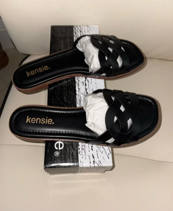 Kensie brand flat sandals feature a black braided design and a square toe. - Image 3
